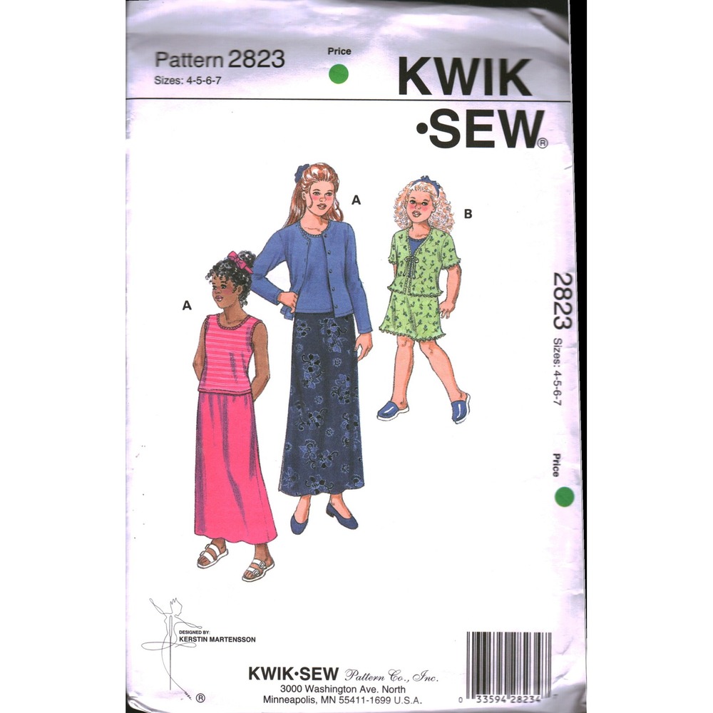 Kwik Sew 2823 Girls Cardigan Top Skirt Sewing Pattern Sizes 4-5-6-7 Knit Outfits